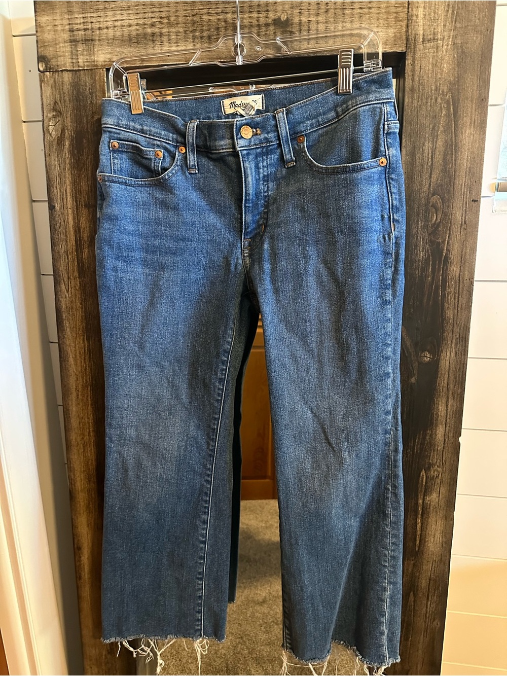 Madewell Kick Out Jeans Womens 28P Petite Mid Rise Crop Flare Raw Hem Blue